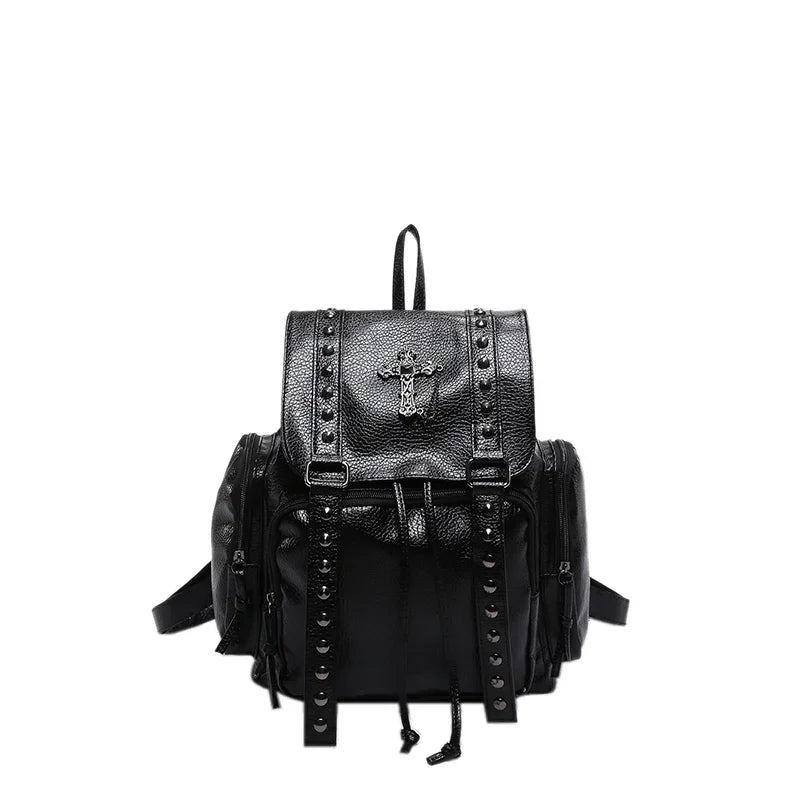 Rivet Y2K Backpack Women Gothic Punk PU Leather Shoulder Bag Ladies Vintage Harajuku Backpacks College Large Capacity School Bag