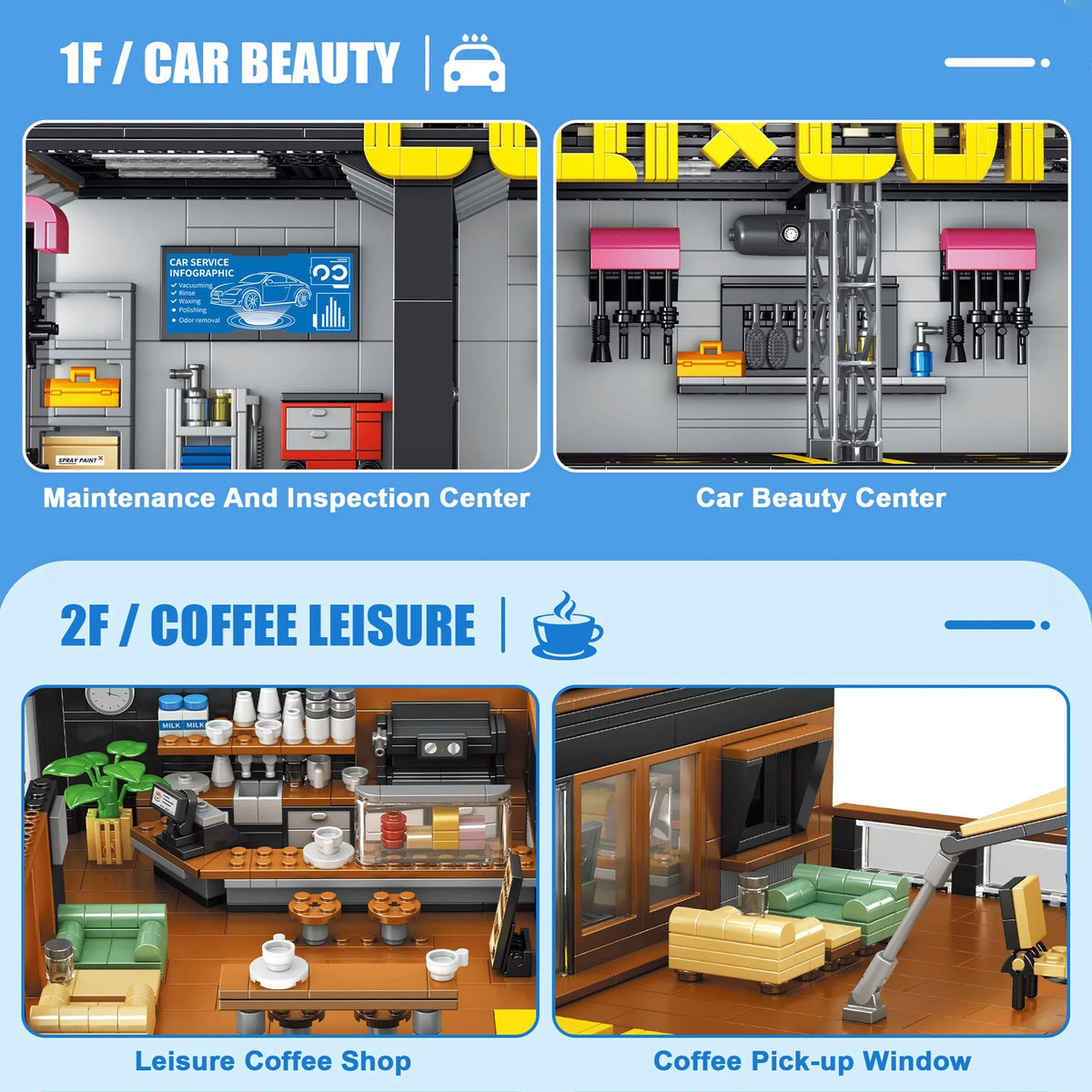 Coffee Auto Repair Shop Coffee Car Club Building Blocks 2496pcs Street View Cafe Store Modular Bricks Toys for Kids Adults Gifts