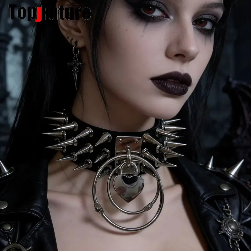 Women Men Spice Y2K Girl Harajuku Gothic Lolita Cosplay PU Punk Rivet Metal Necklace Streetwear Subculture Leather Choker