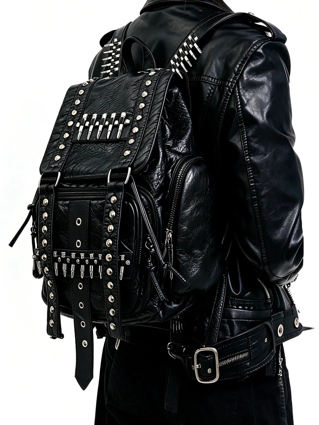 Original Design Rivet Bullet Decorative Backpack Punk Backpack Fashion Black Leather Backpacks