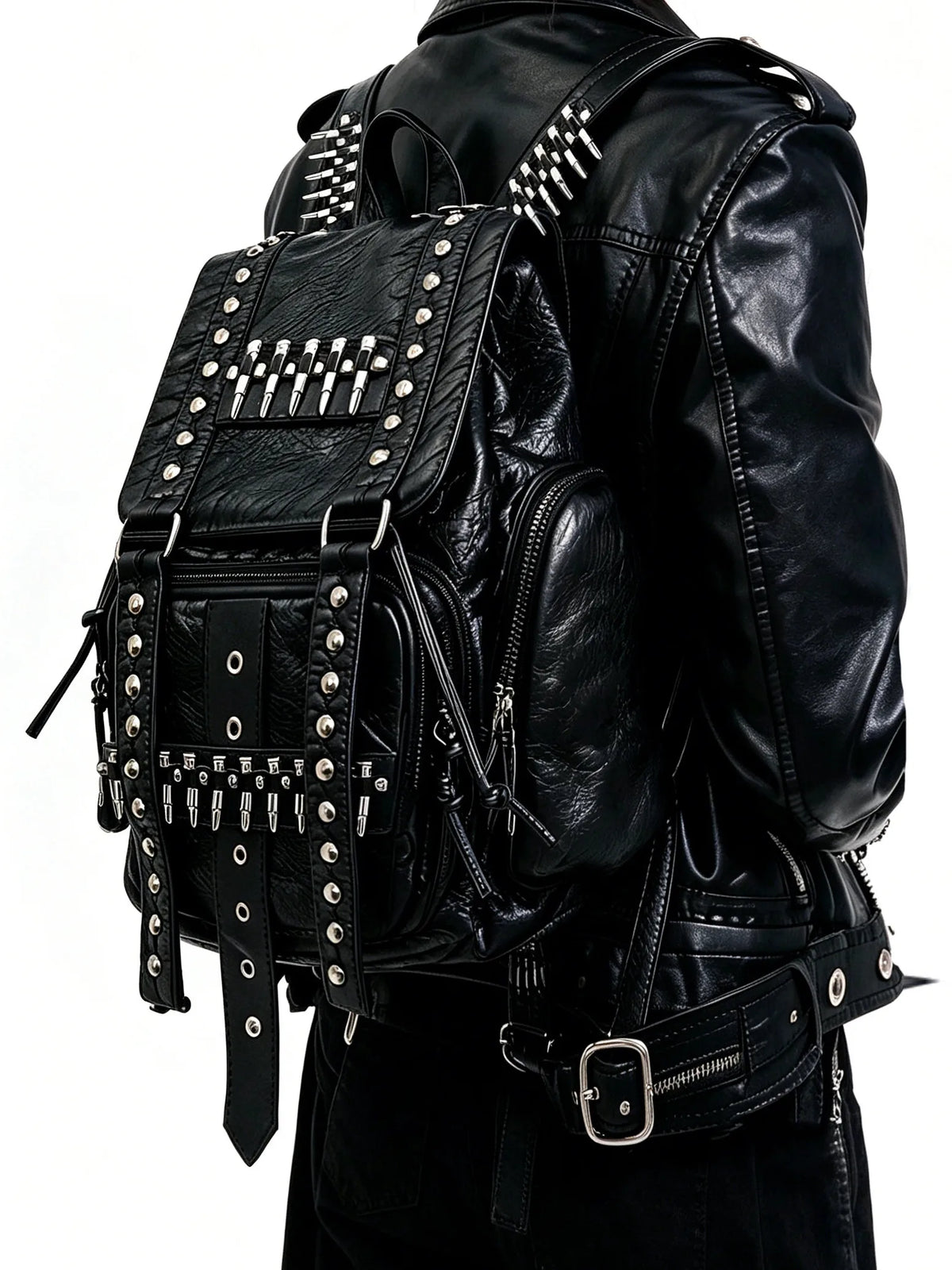 Original Design Rivet Bullet Decorative Backpack Punk Backpack Fashion Black Leather Backpacks