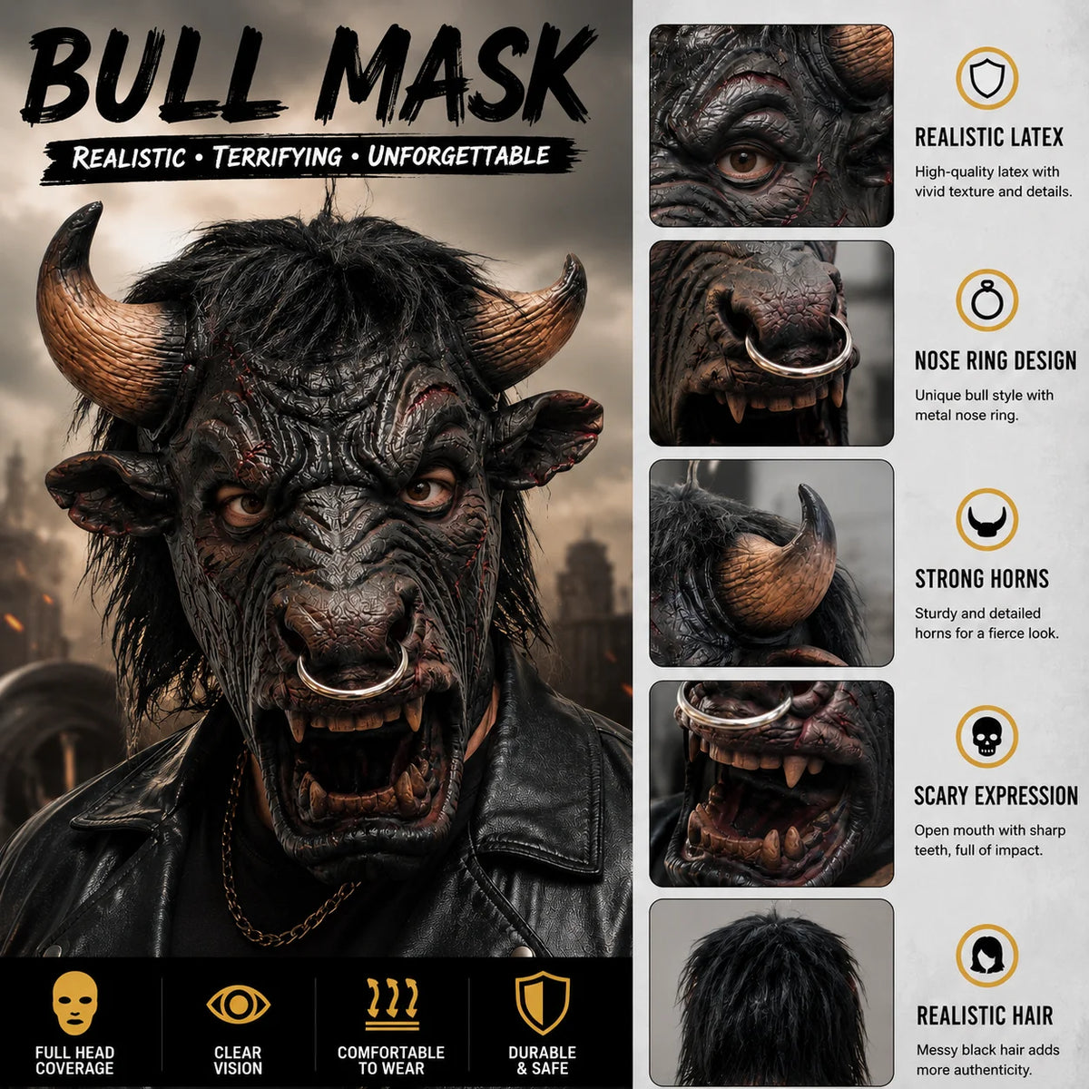 Scary Bull Mask with Horns Nose Ring Fangs Black Hair for Halloween Costume Cosplay Party Animal Headgear