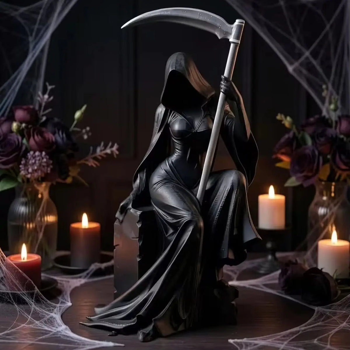 1 piece of dark seated female Grim Reaper ornament, sickle and pocket robe shaped artistic statue, niche style accessory