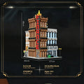 Adult modular building block set with 3,763 pieces, featuring a corner financial center street scene model, including bank and s