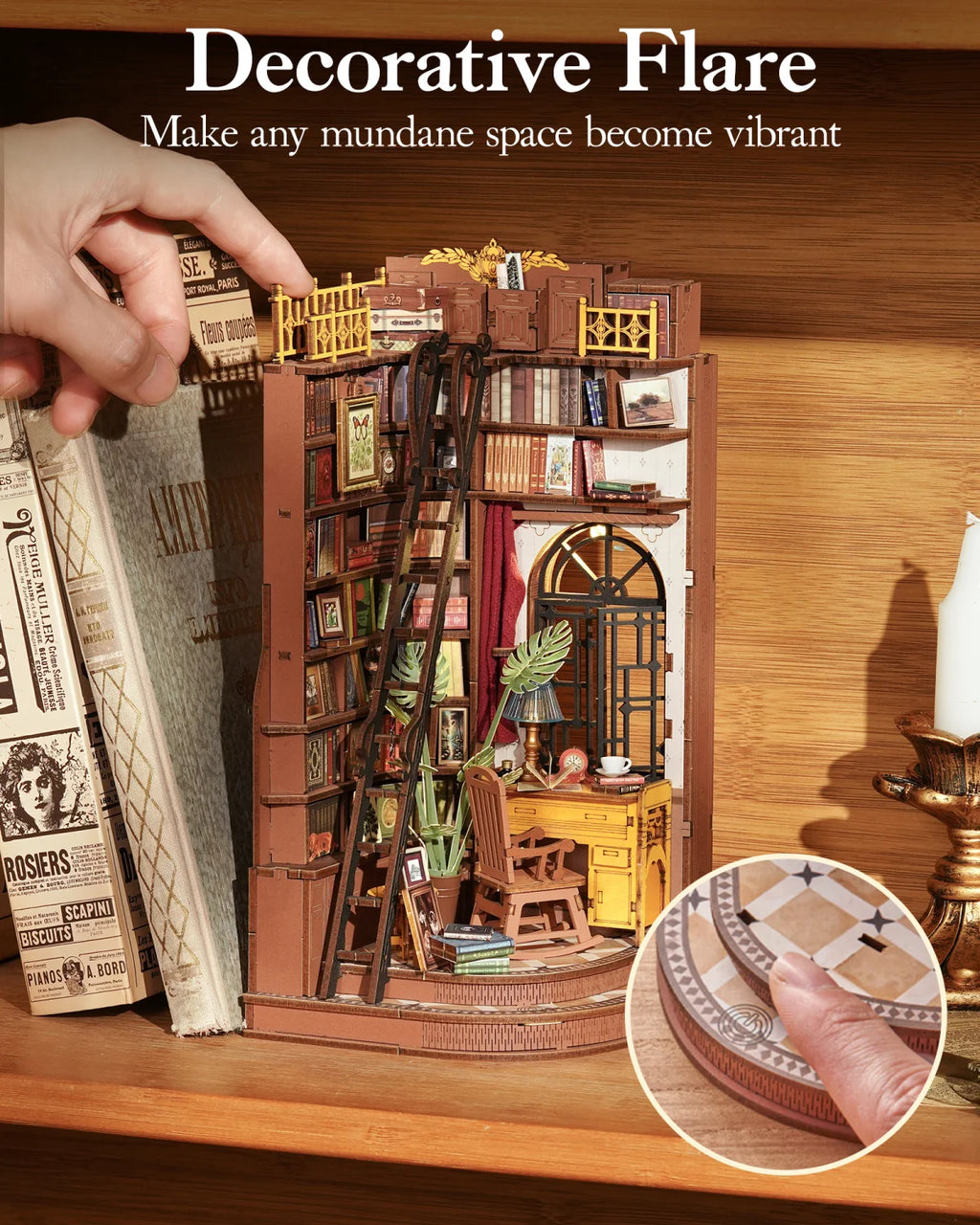 Rolife Wooden 3D Puzzle Silent Corner Study DIY Book Nook Kit Wood Bookends Model Building Kit with LED Light for Bookshelf Decor Gift for Book Lover Adult