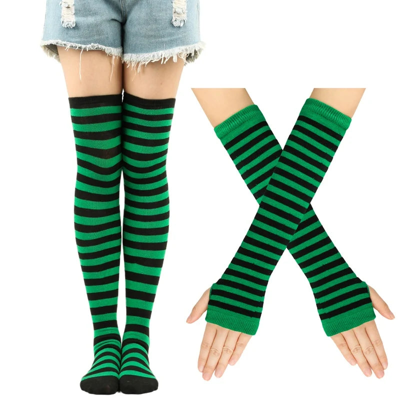 1 Set Women Girls Over Knee Long Stripe Thigh High Cotton Gothic Lolita Socks Arm Sleeve Gloves Sweet Cute Black Overknee Socks