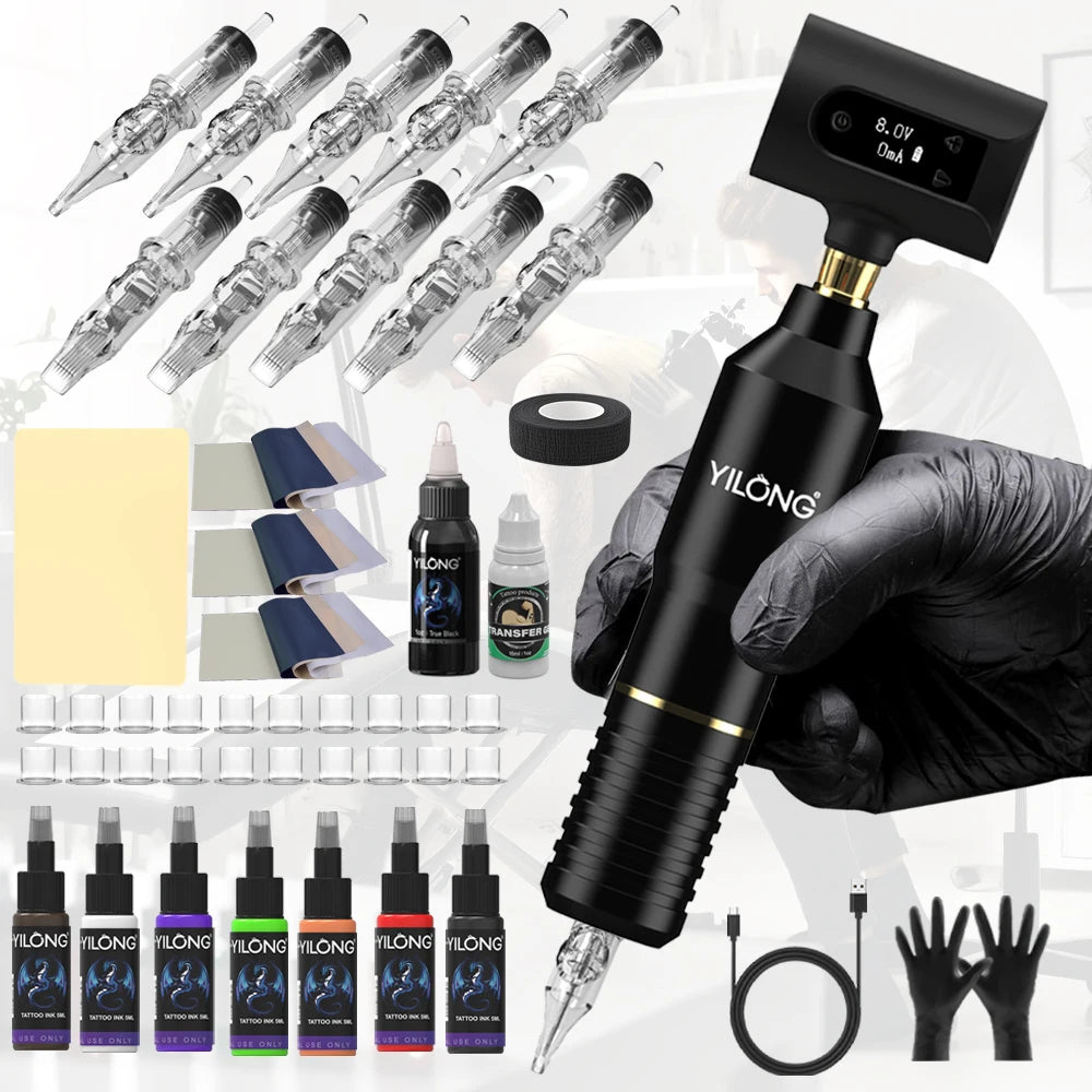 Wireless Tattoo Kit Rotary Tattoo Machine Set with 10PCS Tattoo Cartridge Needles Permanent Makeup Tools for Tattoo Artist