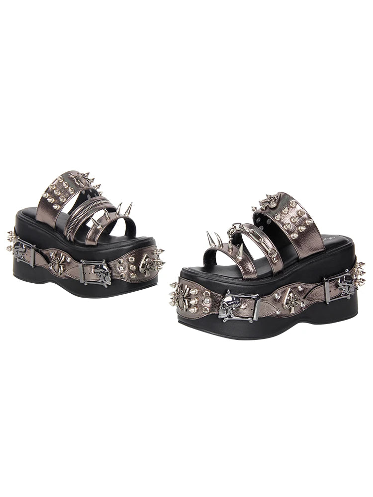 2026 New Product Lolita Heavy Industry Rivet Decorative High Heels Sweet Retro Lolita Gothic Style Sponge Slippers