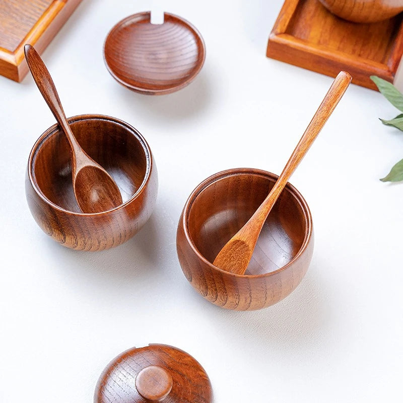 Wooden Seasoning Jar Creative Kitchen Retro Salt Sugar Pot Seasoning Storage Jar With Lid Spoon Wooden Tray Storage Containers