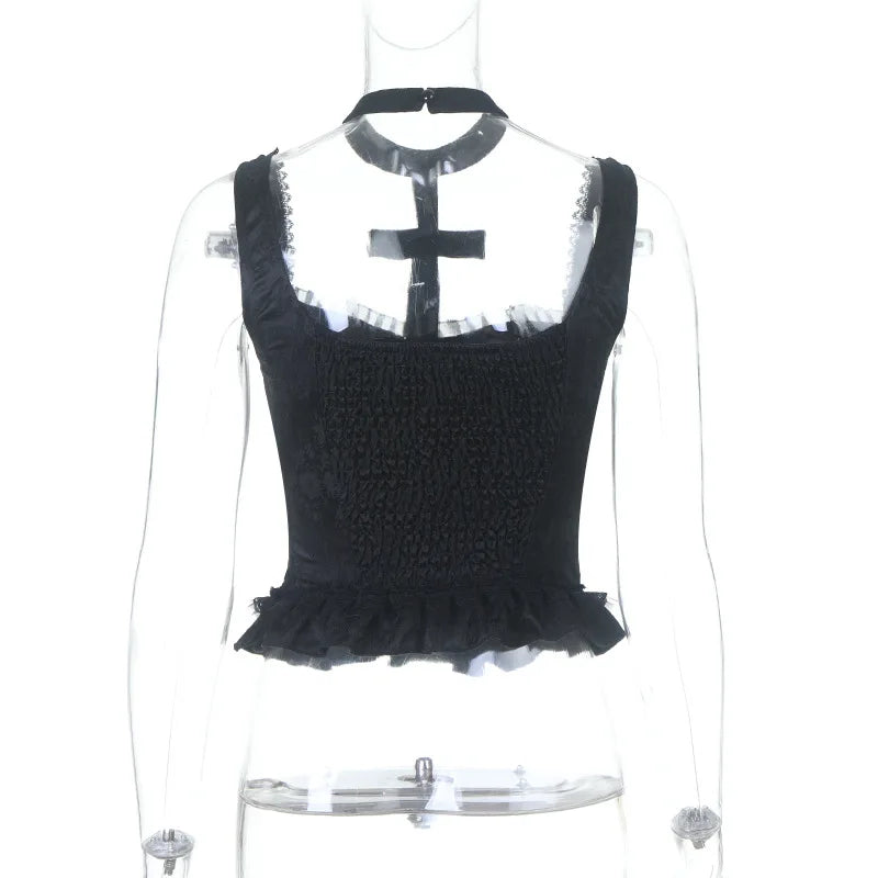 Goth Dark Mall Gothic Jacquard Print Sling Tanks Top Summer Kawaii Cross Bandage Crop Tops Y2K Lace Stitch Slim Vests Teachwear
