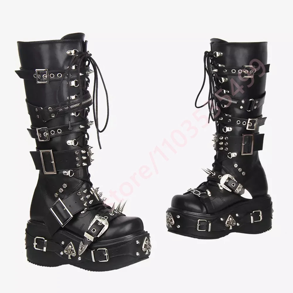 Black Mid Calf Platform Boots Women Multi Metal Buckle Spike Rivet Gothic Punk Lace Up Zipper Wedge High Heel Streetwear Booties