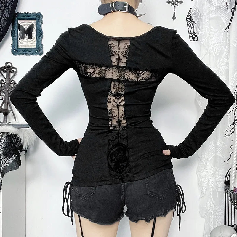 Goth Dark Sexy Lace Patchwork Cross Long Sleeve Pulloves T-shirts Cyber Y2K Women Streetwear Mall Gothic Slim Tops Alt T-shirt