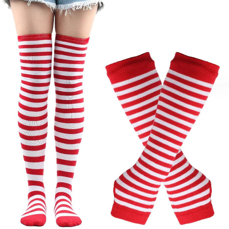 1 Set Women Girls Over Knee Long Stripe Thigh High Cotton Gothic Lolita Socks Arm Sleeve Gloves Sweet Cute Black Overknee Socks