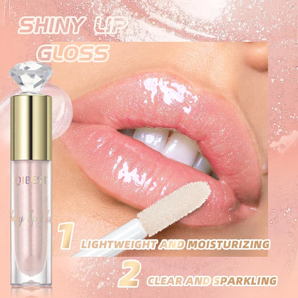 QIBEST 5 Colors Glitter Lip Glaze Long Lasting Lip Gloss Moisturizing Diamond Liquid Lipstick Makeup Shimmer Lipgloss Lip Tint