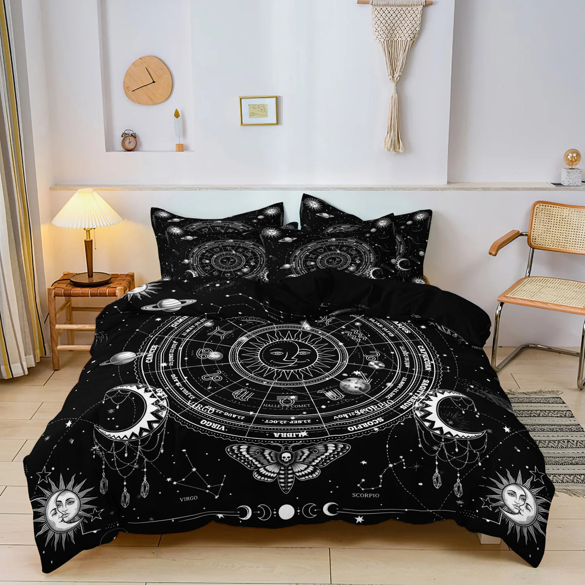 3 Pieces Dark Vintage Celestial Sun Moon Zodiac Constellation Duvet Cover Set, Planet Skull Moth Star Map Print Bedding