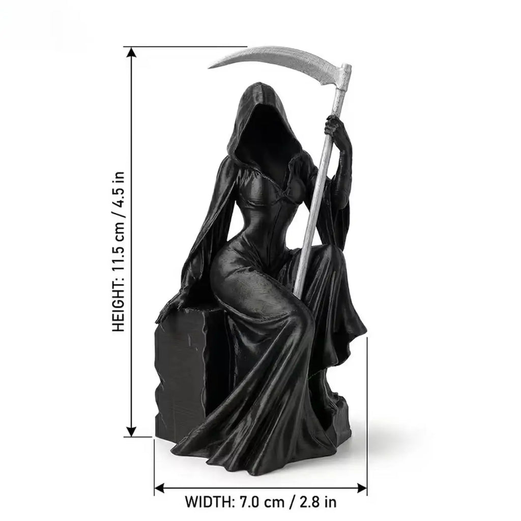 1 piece of dark seated female Grim Reaper ornament, sickle and pocket robe shaped artistic statue, niche style accessory