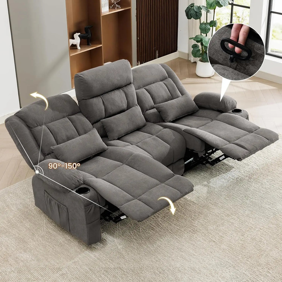 Reclining Sofa with Cup Holders for Living Room 3 Seat Manual Sofa Recliner with Side Pocket, Customized