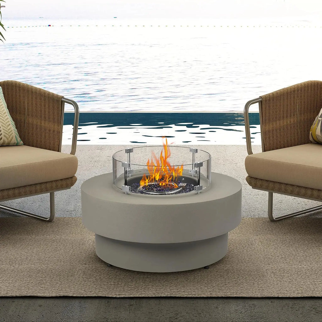 Propane Outdoor Fire Pit Table, Flint & Concrete Look 32-inch Round Patio Propane Fire Table 50,000 BTU w/Lid, Glass, Custom