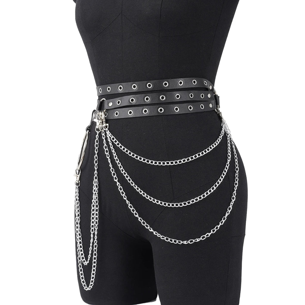 Punk Gothic Adjustable Multi‑layer PU Leather Waist‑leg Harness Belt with Chain Decor for Women, Street‑style Body Chain Accesso