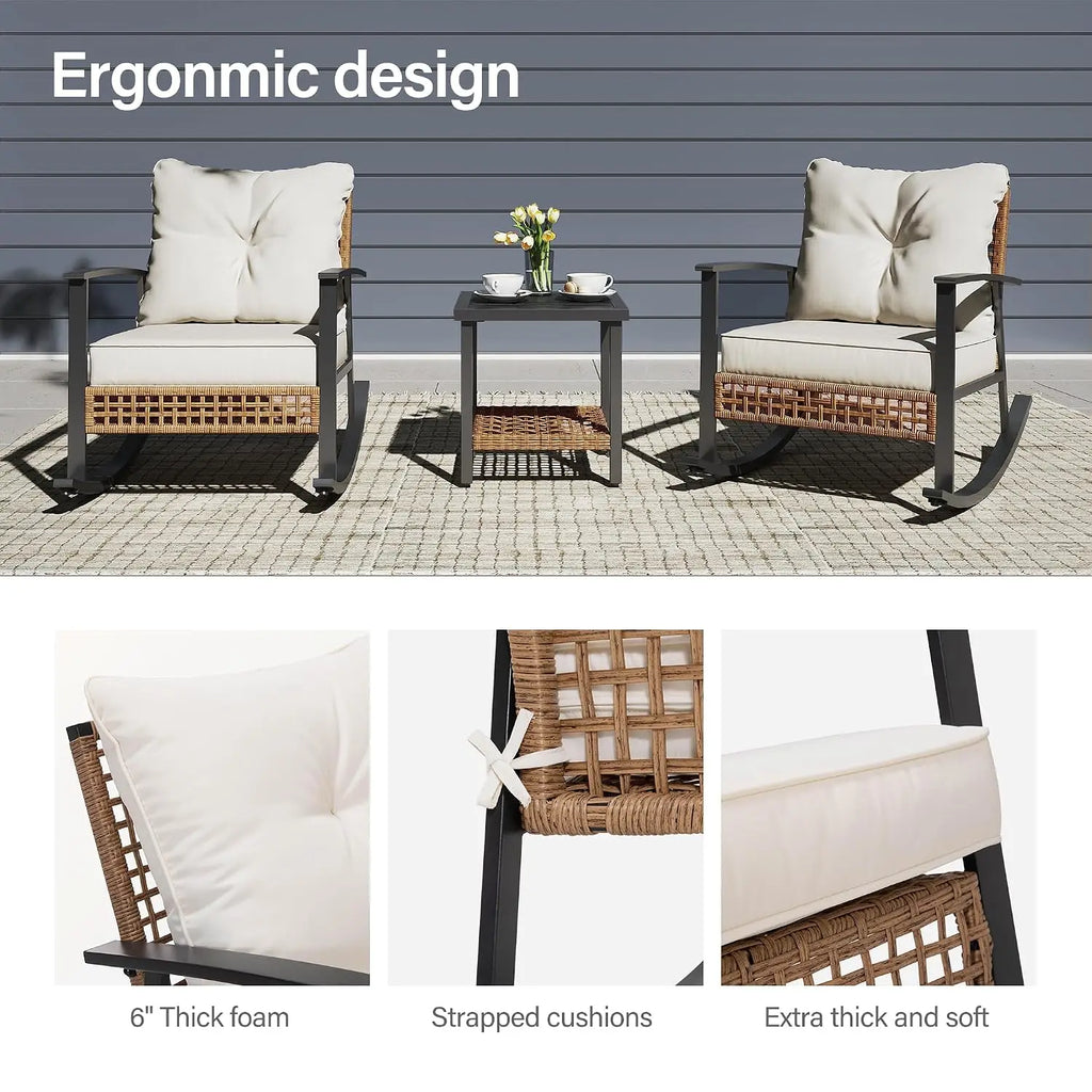 3-Piece Rattan Patio Rocking Conversation Set, 2-Tier Table, Customized