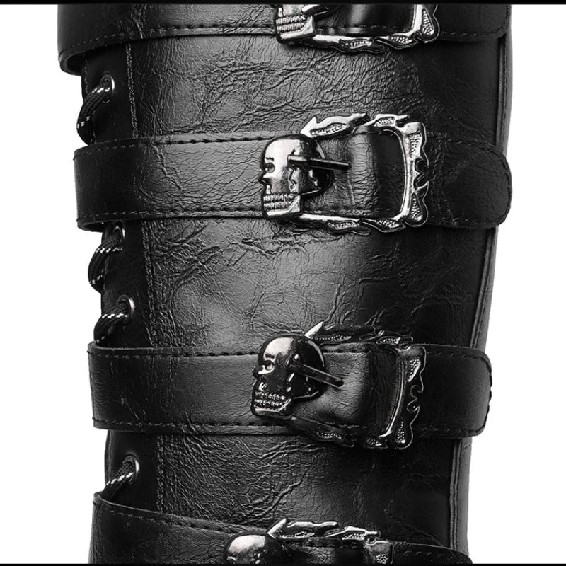 Men's Punk Gothic Biker Boots Tall Harness Buckle Side Zipper Riding Boots for Cosplay Costume Performance Comfortable Black