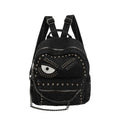 Women Punk Backpack Denim Rivet School Bag with Big Eye Design Chain Detail Grunge Goth Style Casual Travel Daypack Rucksack