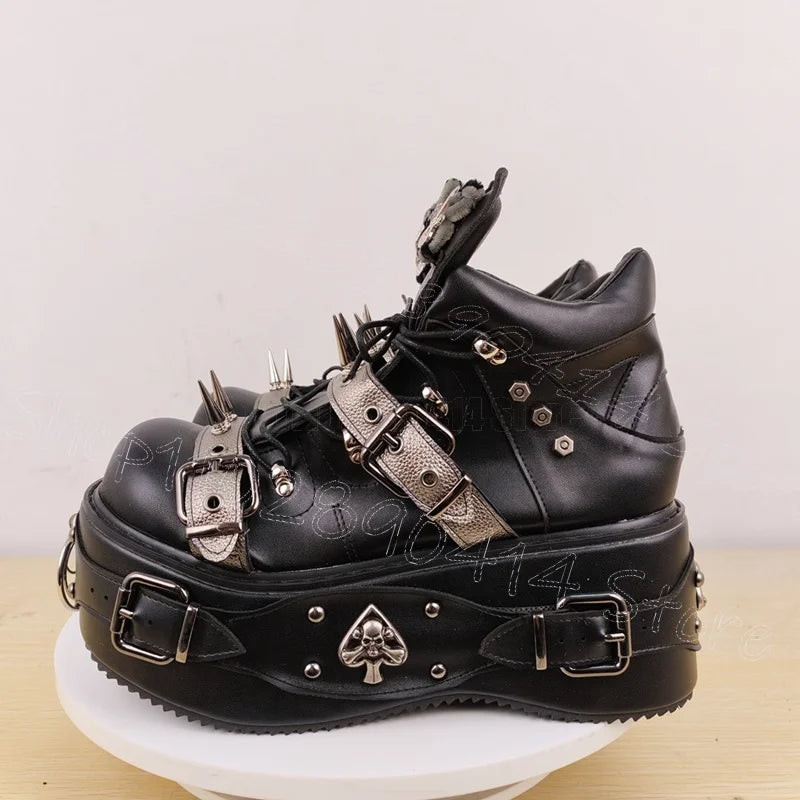Silver Buckle Spikes Black Round Toe Platform Boots Slip On Women Shoes High Top Fashion Party Banquet 2025 Zapatos Para Mujere