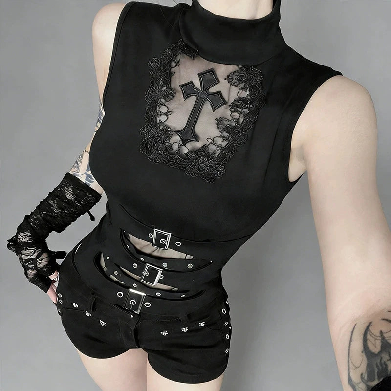 Goth Dark Mesh Pathwork Slim Tanks Top Mall Gothic Cross Sleeveless T-shirts Women Punk Sheer Alternative Tops Chic Streetwear