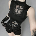 Goth Dark Mesh Pathwork Slim Tanks Top Mall Gothic Cross Sleeveless T-shirts Women Punk Sheer Alternative Tops Chic Streetwear