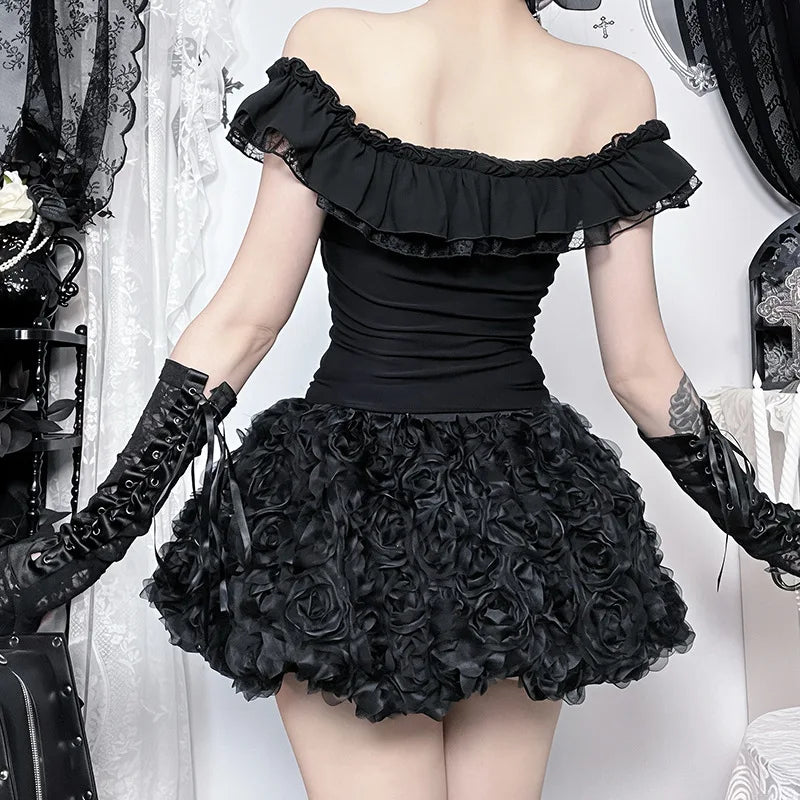 Goth Dark Mall Gothic Solid Square Neck Corset Tops Lace Patchwork Kawaii Off Shoulder Tanks Top Trim Bandage Shirts Streetwear