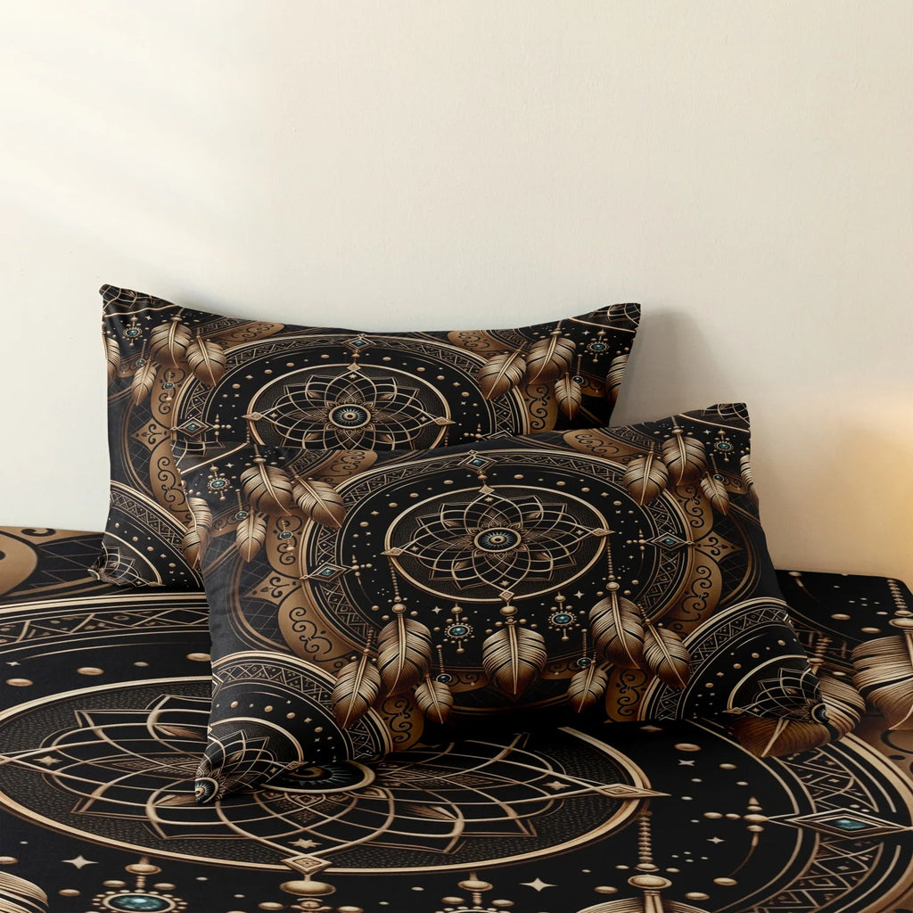 3pcs Dreamcatcher Feather Tribal Duvet Cover Bedding Set, Western Bead Print (1 Duvet Cover + 2 Pillowcases ) For Home & Dorm
