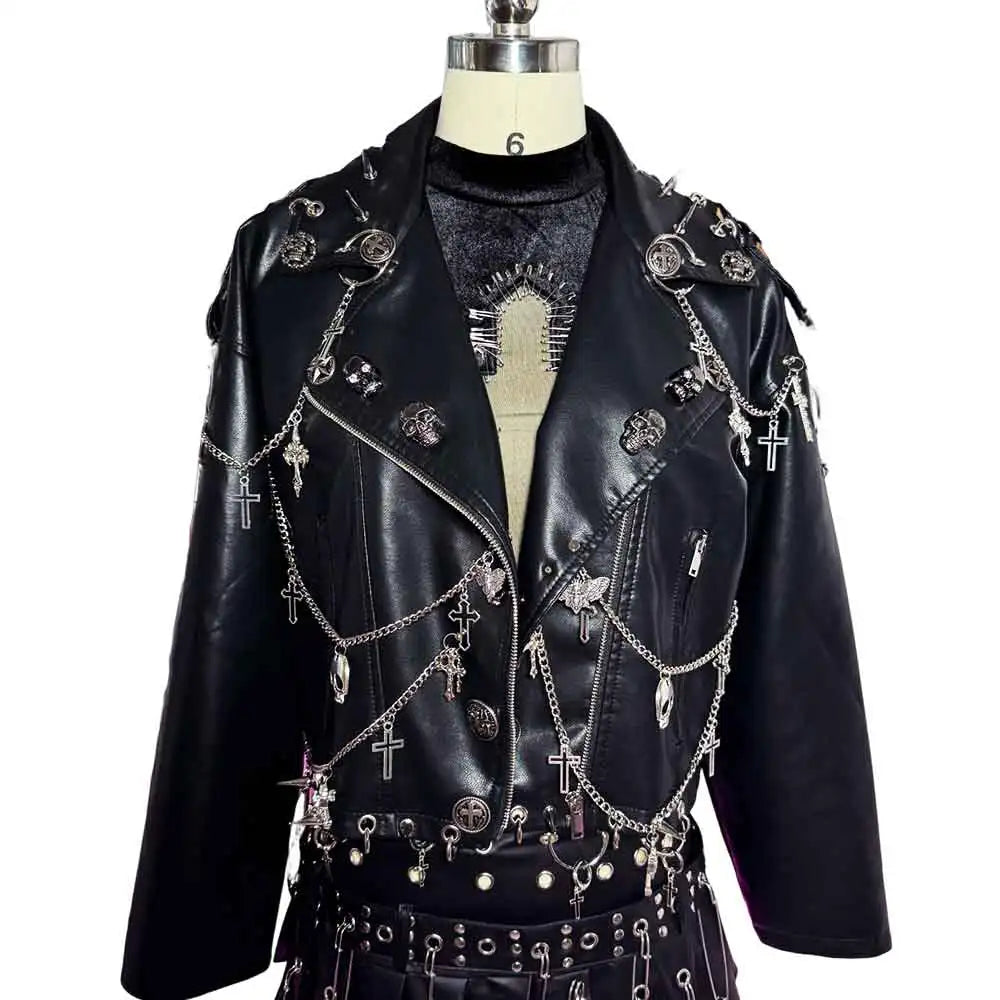 90s Gothic Y2K Vegan Leather Skull Studded Jacket Coat E-Girls DIY Punk Rock Chain Goth Hand Made Grunge Trendy Harajuku Eco Emo