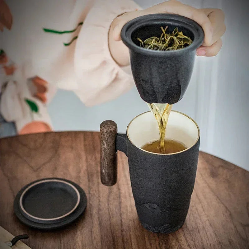 Luxury Retro Tea Cup Ceramic Mug Large Capacity Office Filter Black Water Cup with Cover Mugs Wooden Handle Cups Gift Ideas Box
