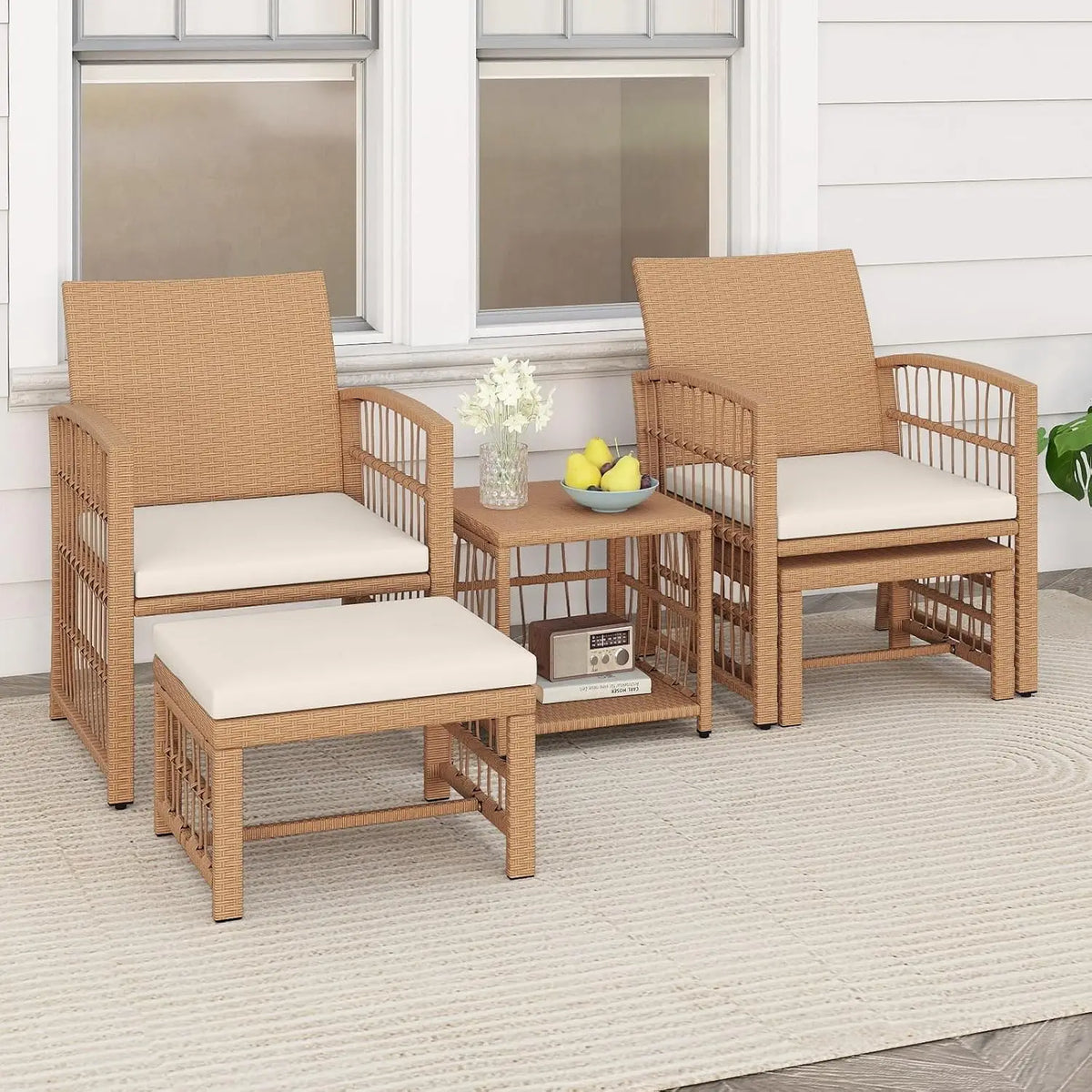 5 Pieces Patio Wicker Conversation Set, Outdoor Furniture Set with 2 Armchairs, 2 Ottomans & 2-Tier Side Table,, Customized