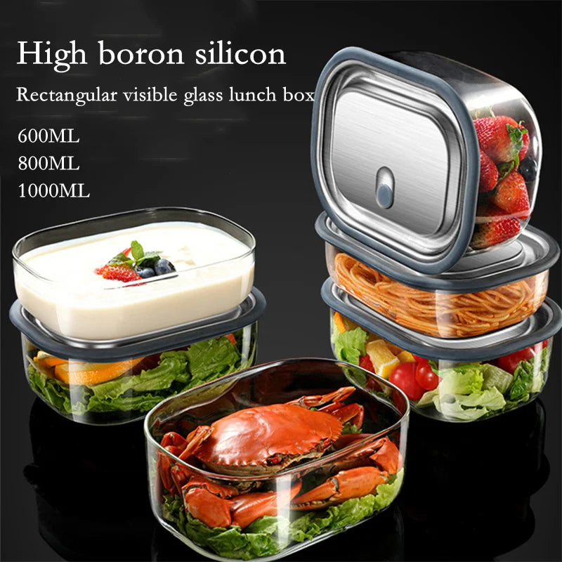 Food Grade High Borosilicate Glass Lunch Box Microwave Oven Insulation Bento Box Fruit Sealed Box Silicone Pad Square Lunch Box