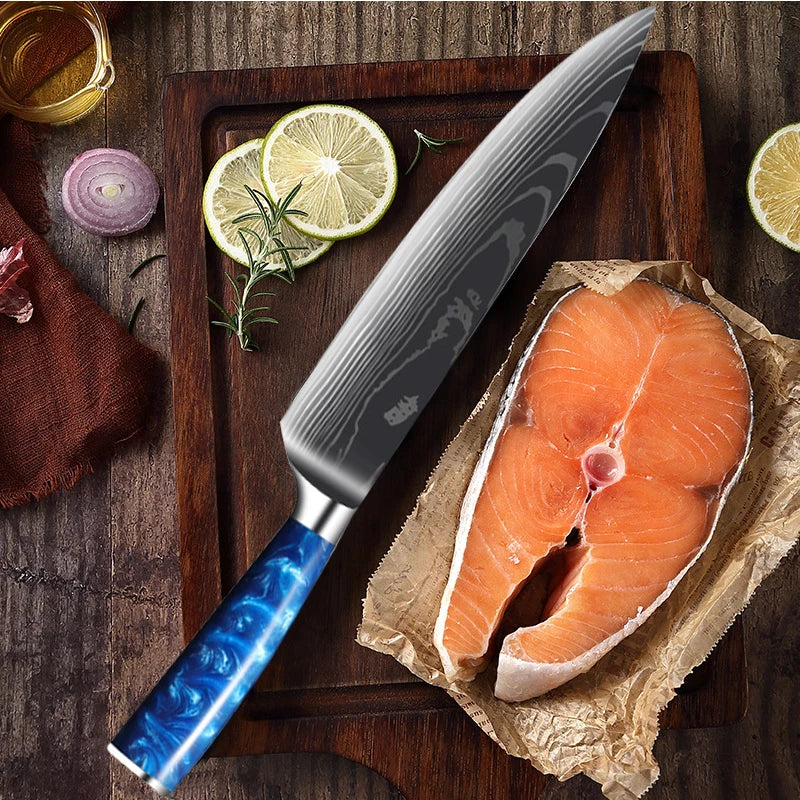 Japanese Santoku Knife 10pcs Damascus Pattern Knives Set Chef's Knife Boning Knife Meat Cleaver Vegetable Slicing Knives