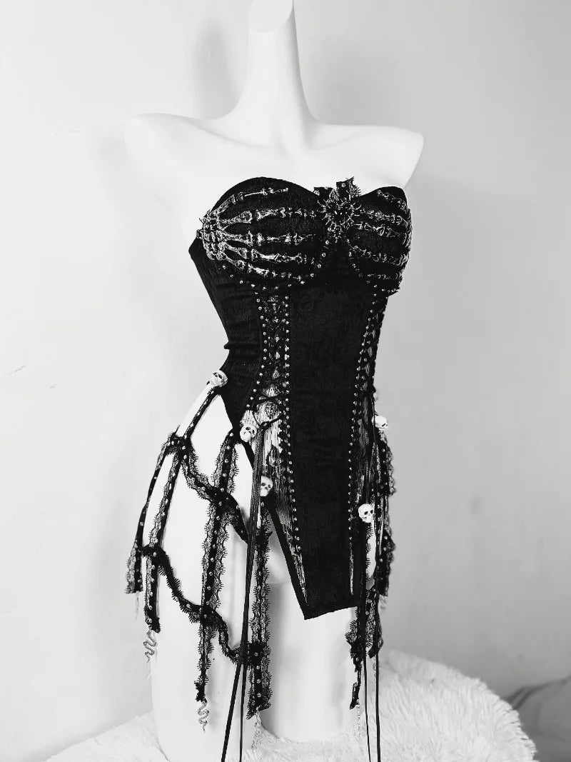 Original Heavy Industry Handmade Pure Black Goth Dark Strap Drawstring Corset Bird Cage Affordable Corset Top For Women