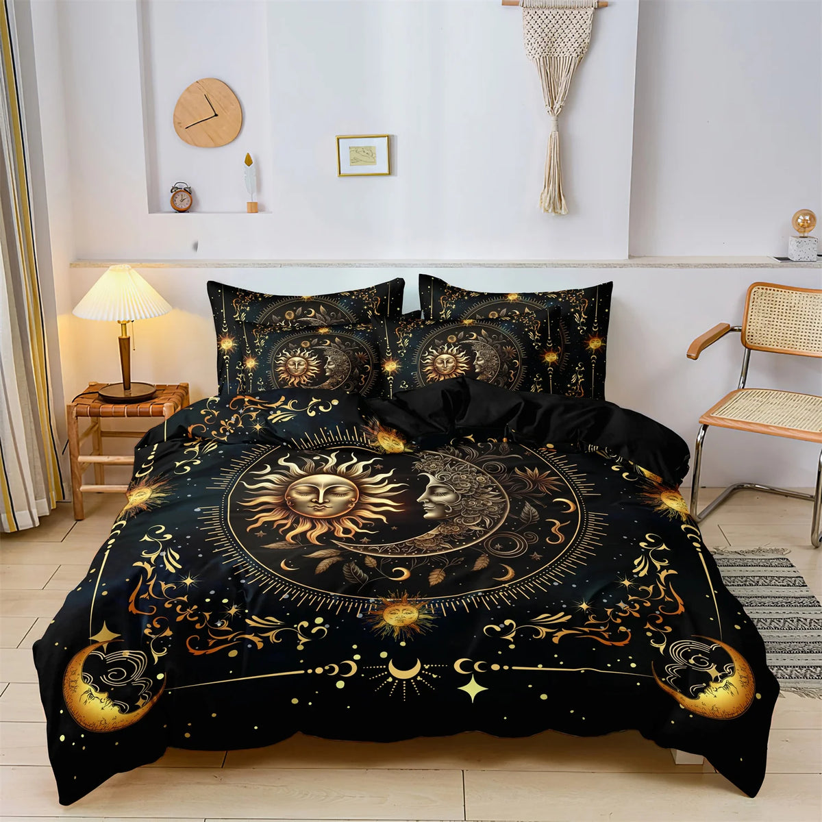 3pcs Super Soft Breathable Golden Sun And Moon Planet Duvet Cover Set At Home Dormitory High Definition Numerical Code Printing