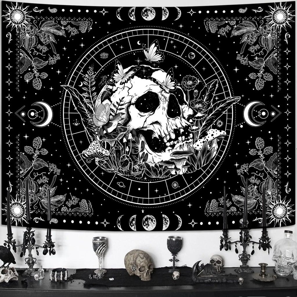 VIKAMA Black and White Skull Tapestry Hippie Natural Botanical Floral Aesthetic Living Room Dormitory Wall Hanging Home Decor