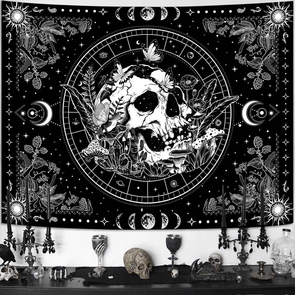 VIKAMA Black and White Skull Tapestry Hippie Natural Botanical Floral Aesthetic Living Room Dormitory Wall Hanging Home Decor