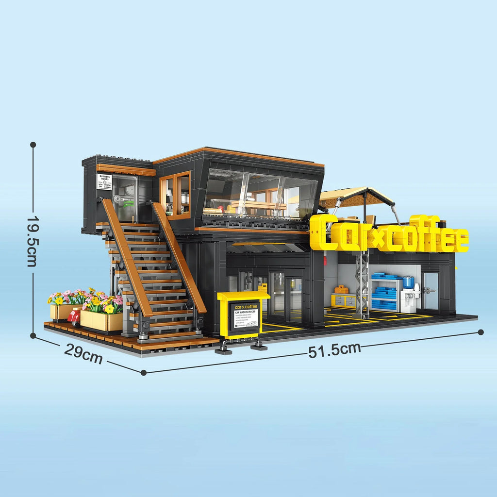 Coffee Auto Repair Shop Coffee Car Club Building Blocks 2496pcs Street View Cafe Store Modular Bricks Toys for Kids Adults Gifts