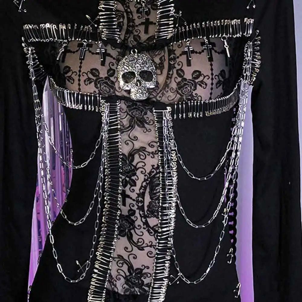 Harajuku Teen Punk Rock DIY E-Girls Gothic T-Shirt Emo Y2K TOPS Cross Grunge Kawaii Eco Goth Hand Made Pin 90s Rave Outfits