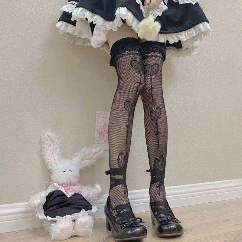 Women Goth Lolita Fishnet Socks Japan Style Kawaii Cute Knee Sexy Mesh Stockings JK Sweet Girls Lace Frilly Ruffle Long Socks