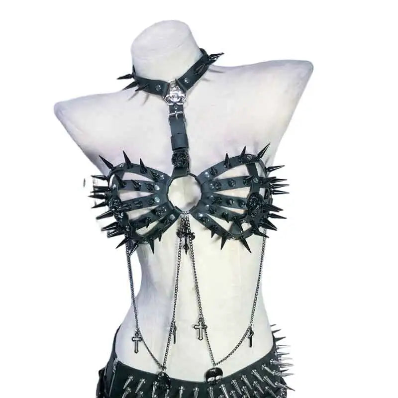 Goth Tops with Spikes Festival Bra Emo Clothing Summer Cyber Y2K T-shirt Punk Mini Rock Clothes Grunge Gothic Tank Rave Outfits