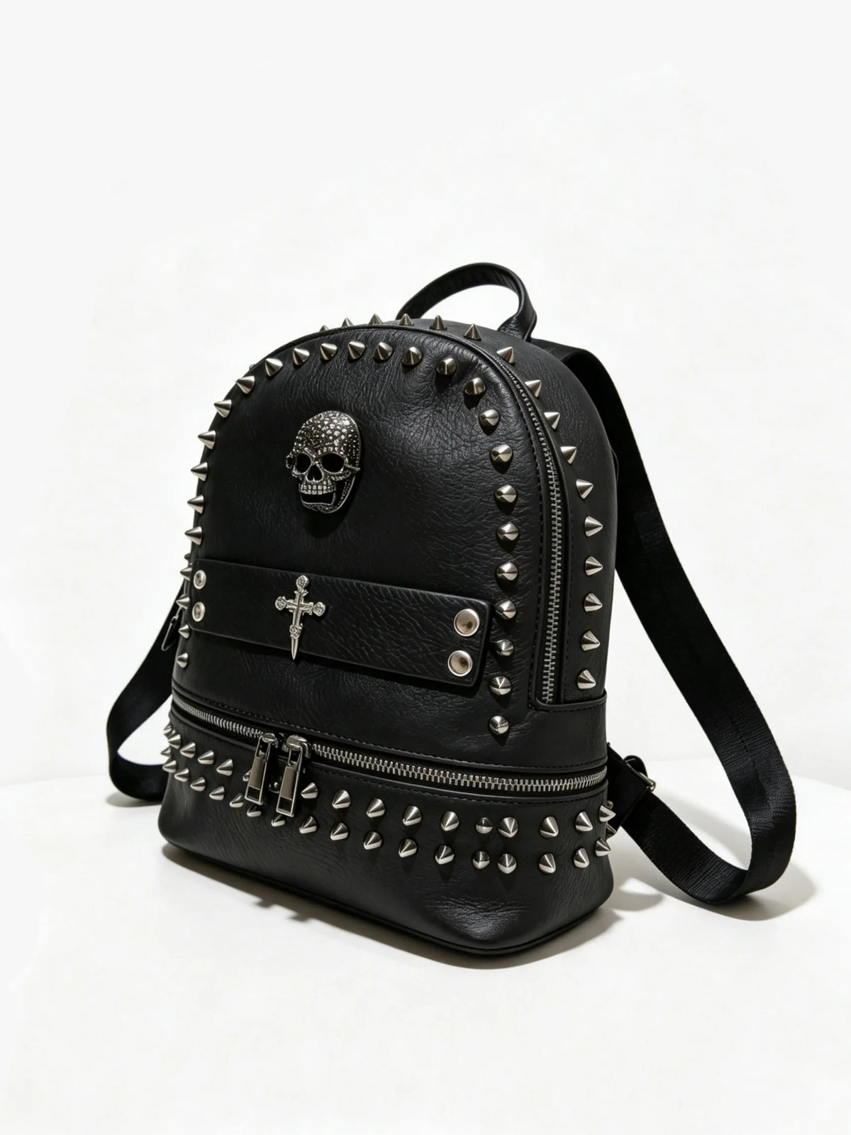 Skull Goth Locomotive Bag Fashion Leather Backpacks Original Design Punk Black Rivet Cross Backpack