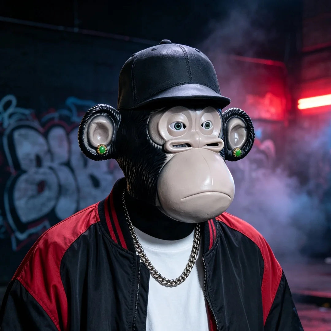 Chimpanzee Latex Full Head Mask with Baseball Cap & Ear Ornaments, Animal Cosplay Headgear for Halloween Masquerade, Party and Role Play Costume Props