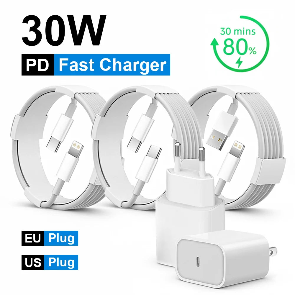 30W PD Fast Charger For iPhone 14 13 12 USB C To Lightning Quick Charging Cable For iPhone 17 16 15 Pro Max Type C Power Adapter