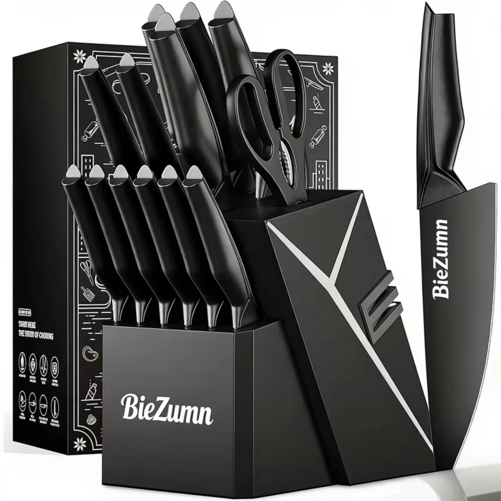 Kitchen knife set, 15-piece black kitchen knife set with block, dishwasher safe kitchen knife set with built-in sharpener, stainless steel black knife set birthday gift for mom or dad, kitchen gadget set