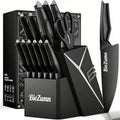 Kitchen knife set, 15-piece black kitchen knife set with block, dishwasher safe kitchen knife set with built-in sharpener, stainless steel black knife set birthday gift for mom or dad, kitchen gadget set