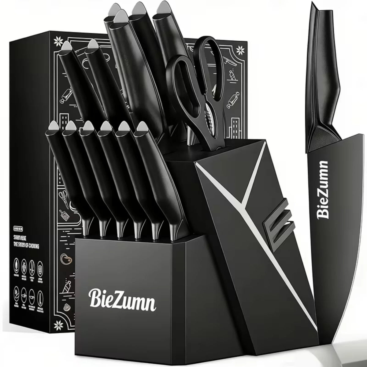 Kitchen knife set, 15-piece black kitchen knife set with block, dishwasher safe kitchen knife set with built-in sharpener, stainless steel black knife set birthday gift for mom or dad, kitchen gadget set